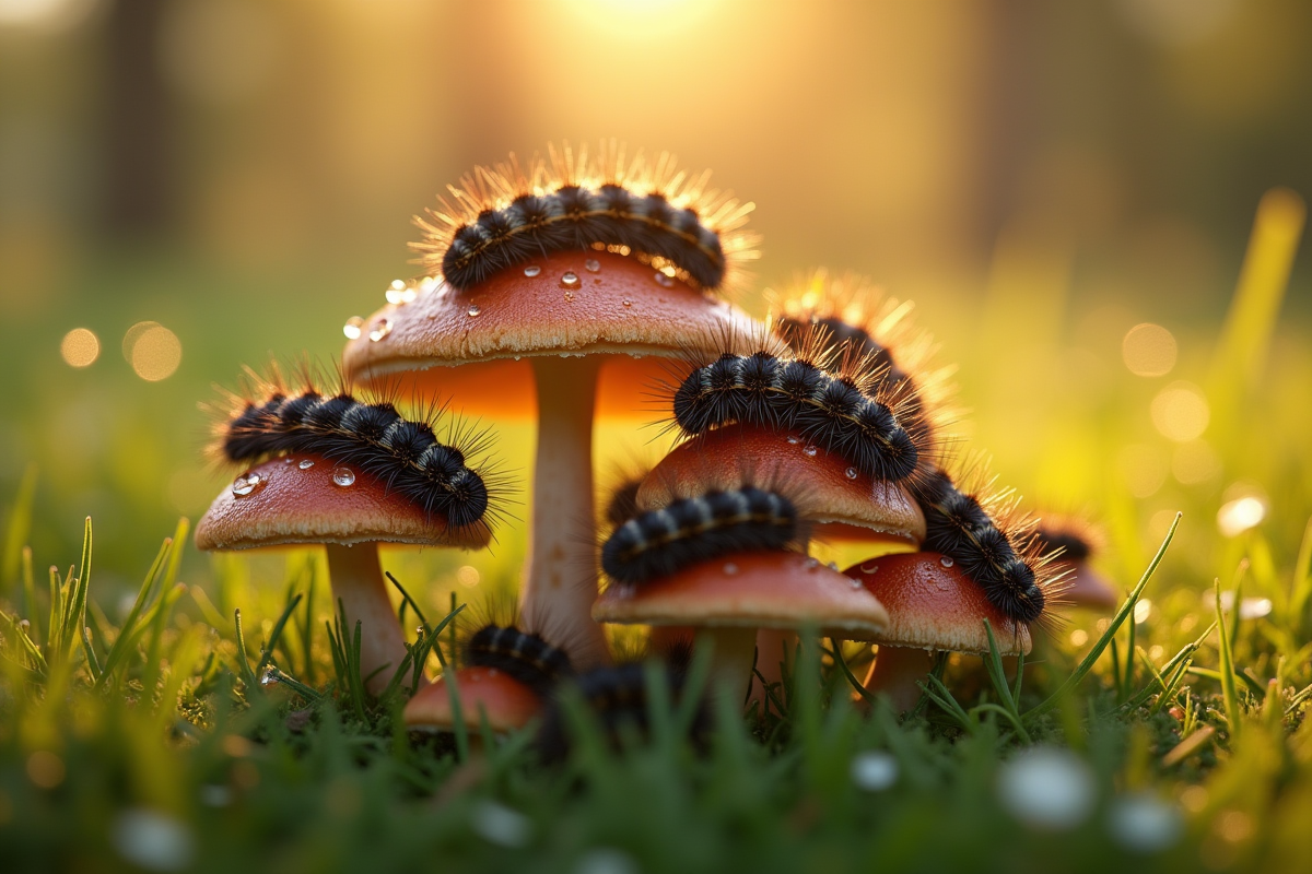 Plusieurs chenilles sur des champignons dans une prairie