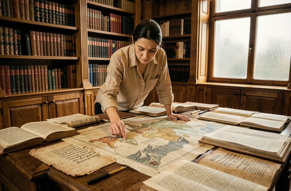 Chercheuse étudiant des cartes anciennes et manuscrits sur le royaume mythique de Shamballa dans une bibliothèque universitaire
