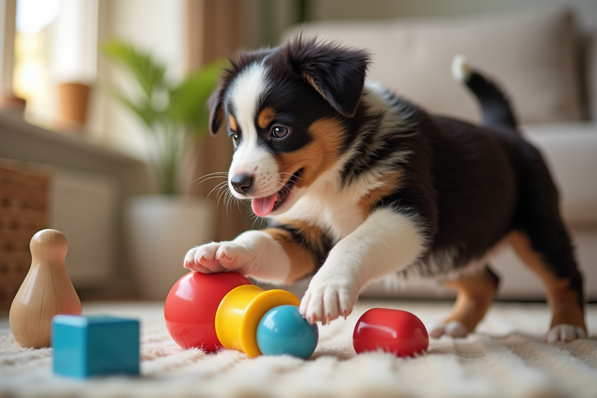 Chiot Australian Shepherd jouant avec des jouets d