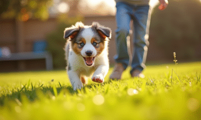 Chiot Australian Shepherd jouant avec un enfant dans le jardin