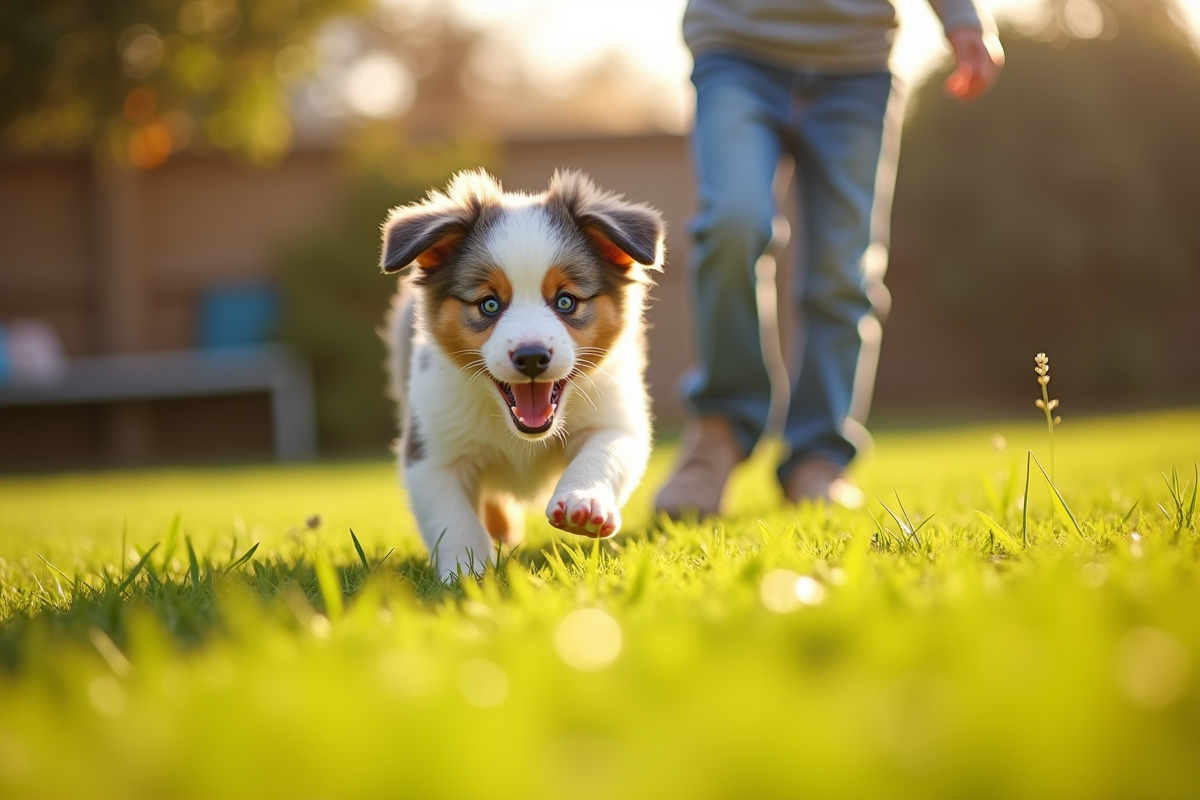 Chiot Australian Shepherd jouant avec un enfant dans le jardin