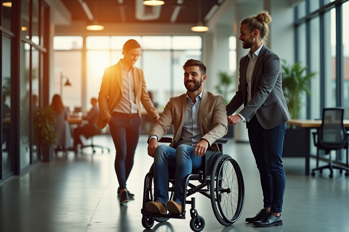 Collègues accueillants soutenant un utilisateur en fauteuil