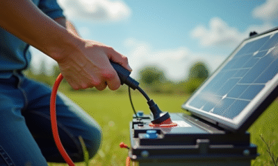 Personne connectant un panneau solaire à une batterie de voiture en plein soleil