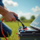Personne connectant un panneau solaire à une batterie de voiture en plein soleil