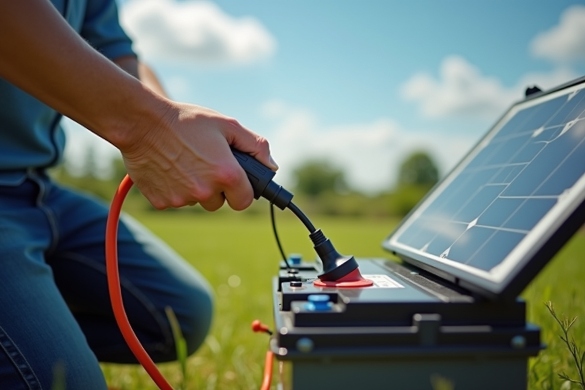 Personne connectant un panneau solaire à une batterie de voiture en plein soleil