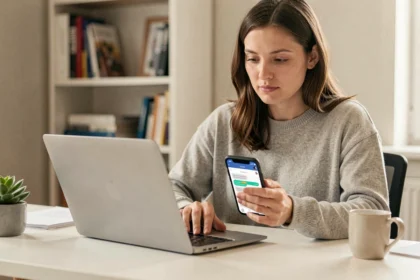 Femme utilisant un ordinateur portable et un smartphone pour contacter le service client AliExpress depuis son bureau à domicile