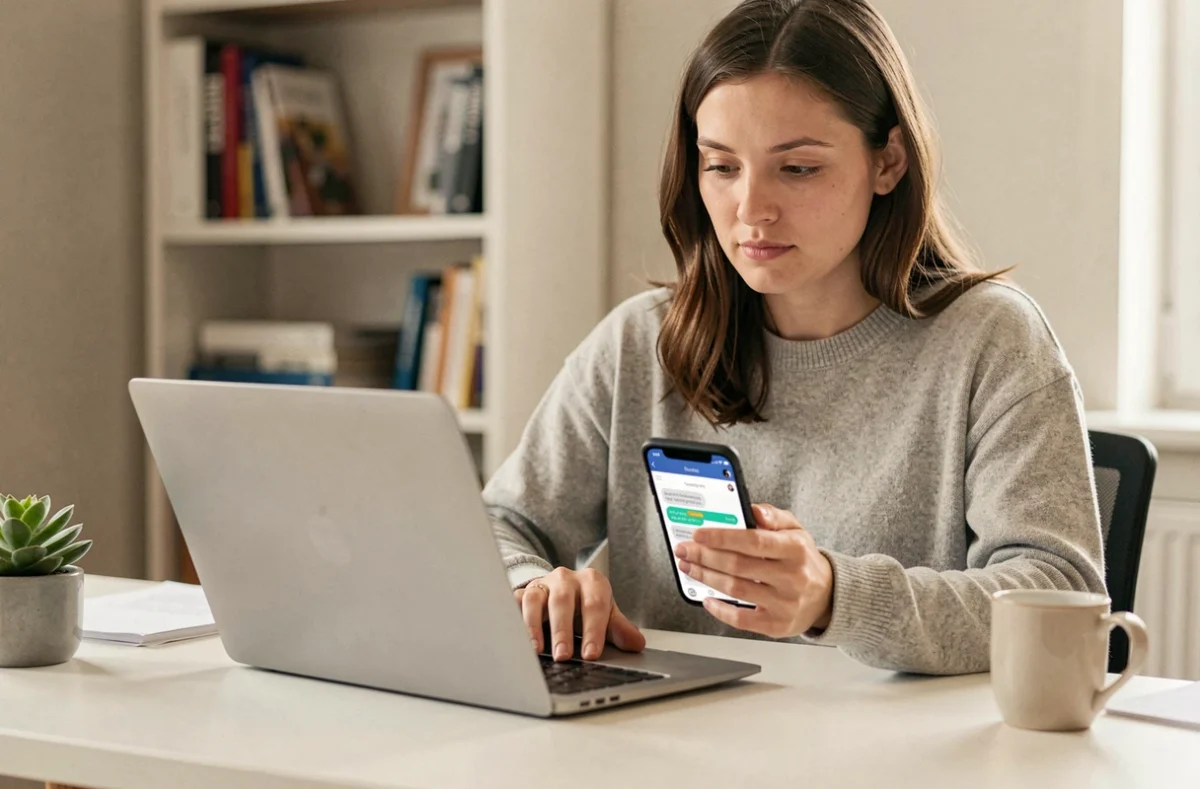 Femme utilisant un ordinateur portable et un smartphone pour contacter le service client AliExpress depuis son bureau à domicile