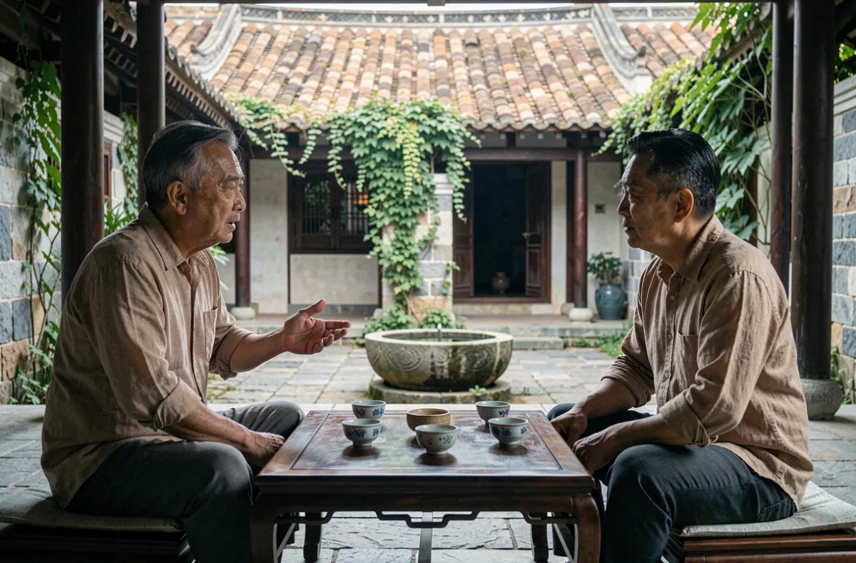 Deux hommes d'âge mûr en conversation méditative autour d'une table à thé dans une cour traditionnelle chinoise, évoquant sagesse et prise de décision