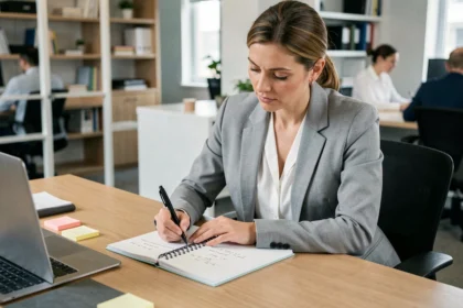 Femme professionnelle notant des formules de conversion centième d'heure dans un carnet au bureau