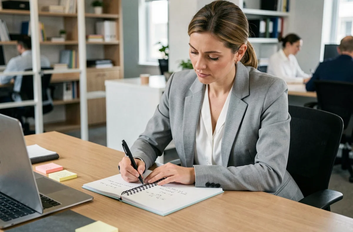Femme professionnelle notant des formules de conversion centième d'heure dans un carnet au bureau