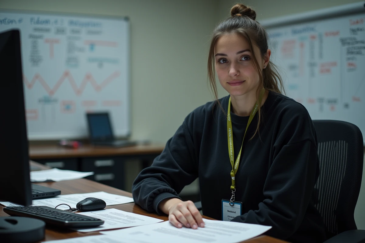 Coordinatrice de production en bureau de tournée avec planning et matériel de régie, illustration de la gestion de tournée artistique par une agence de production événementielle