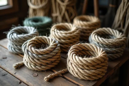 Cordages en chanvre et nylon enroulés sur une table en bois rustique dans un atelier maritime