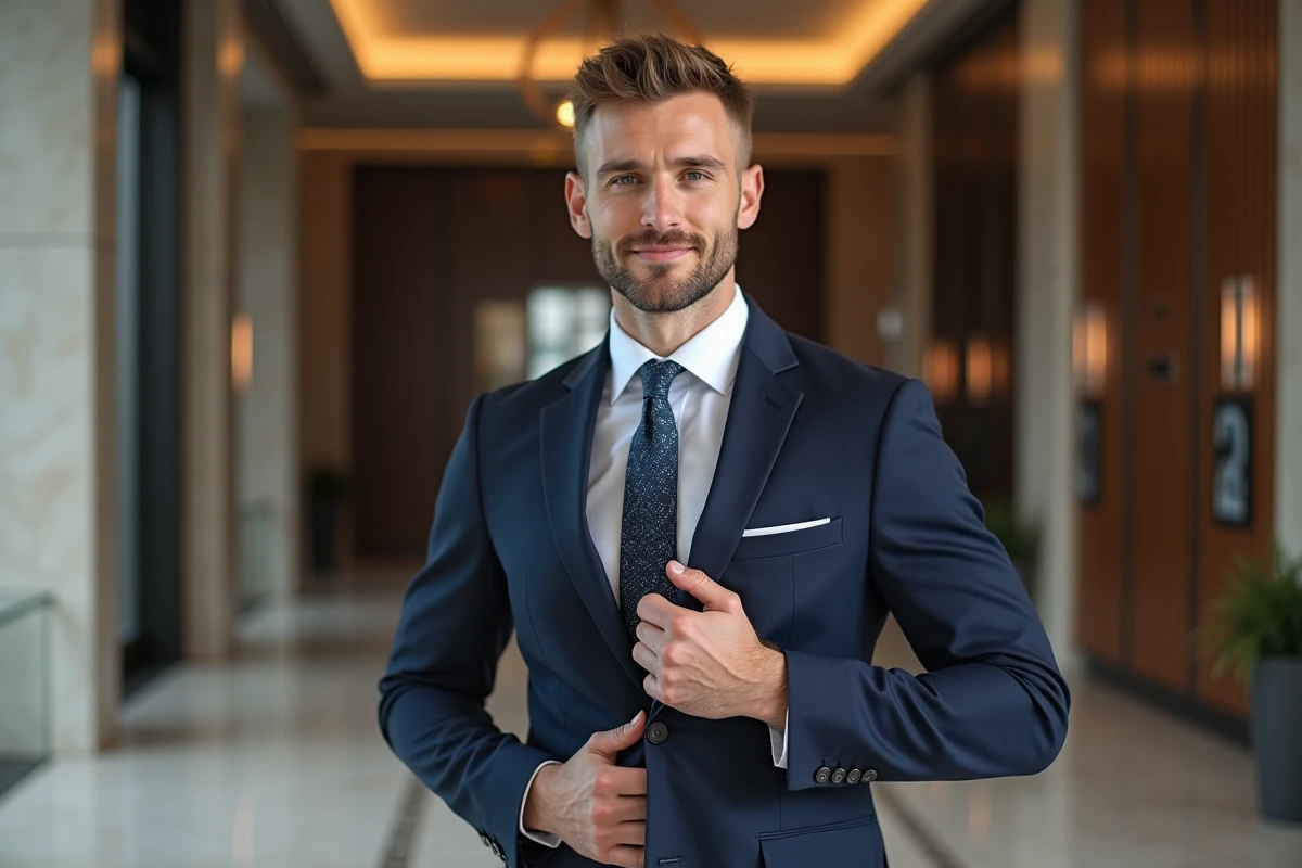Homme en costume cravate ajustant sa cravate dans un lobby moderne
