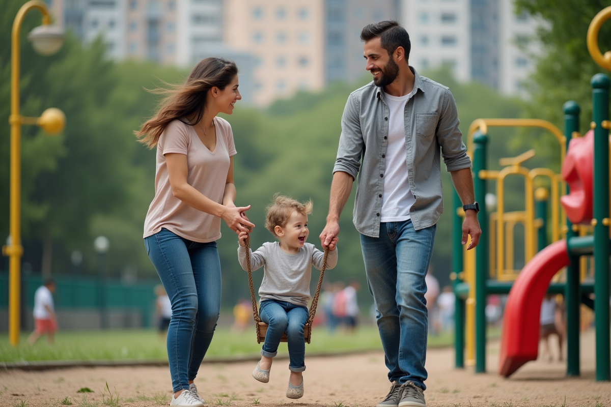Couple gay jouant avec leur enfant dans un parc urbain