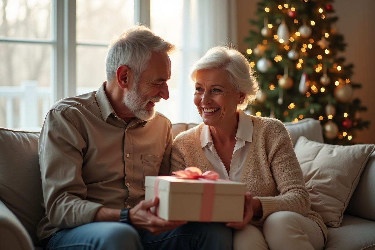 Couple d'âge moyen échangeant des cadeaux dans un salon lumineux