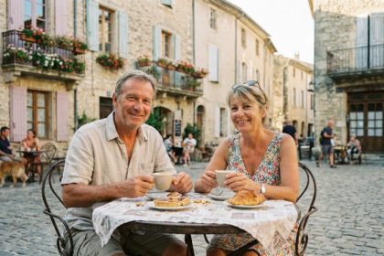 couple dégustant un café dans un village du Languedoc-Roussillon