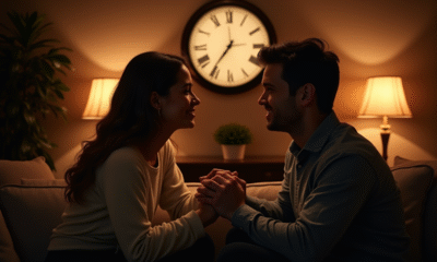 Couple souriant dans un salon chaleureux à 3h33