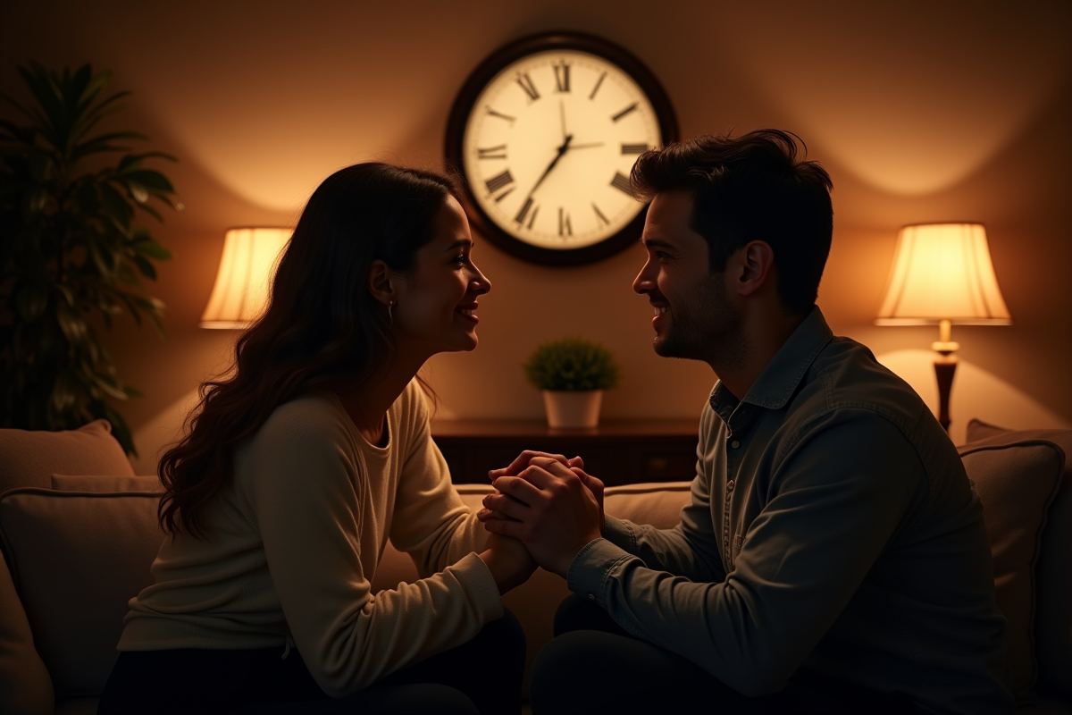 Couple souriant dans un salon chaleureux à 3h33
