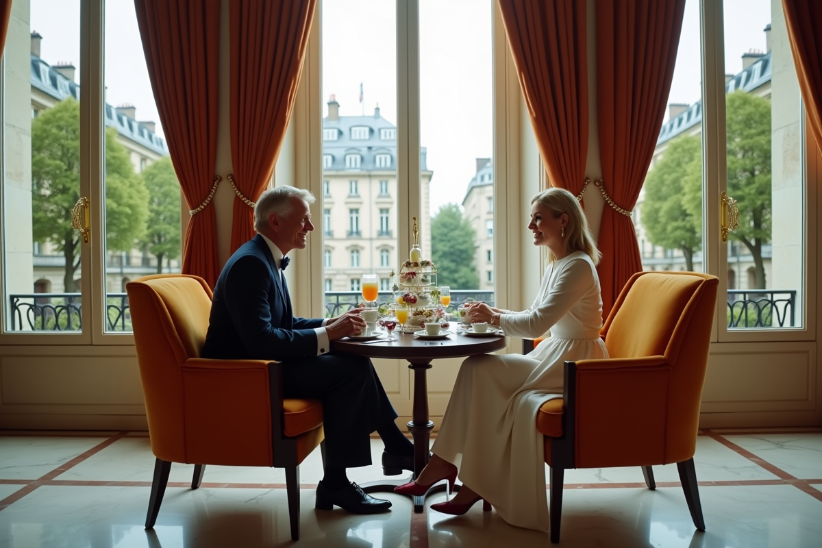 Couple bien habille en train de prendre le thé dans un salon chic