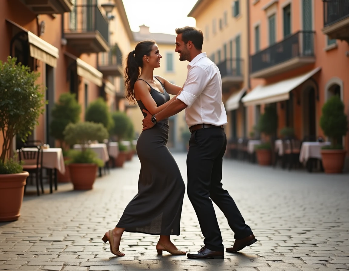 Couple dansant la salsa en plein air sur une place pavée méditerranéenne avec confiance et spontanéité