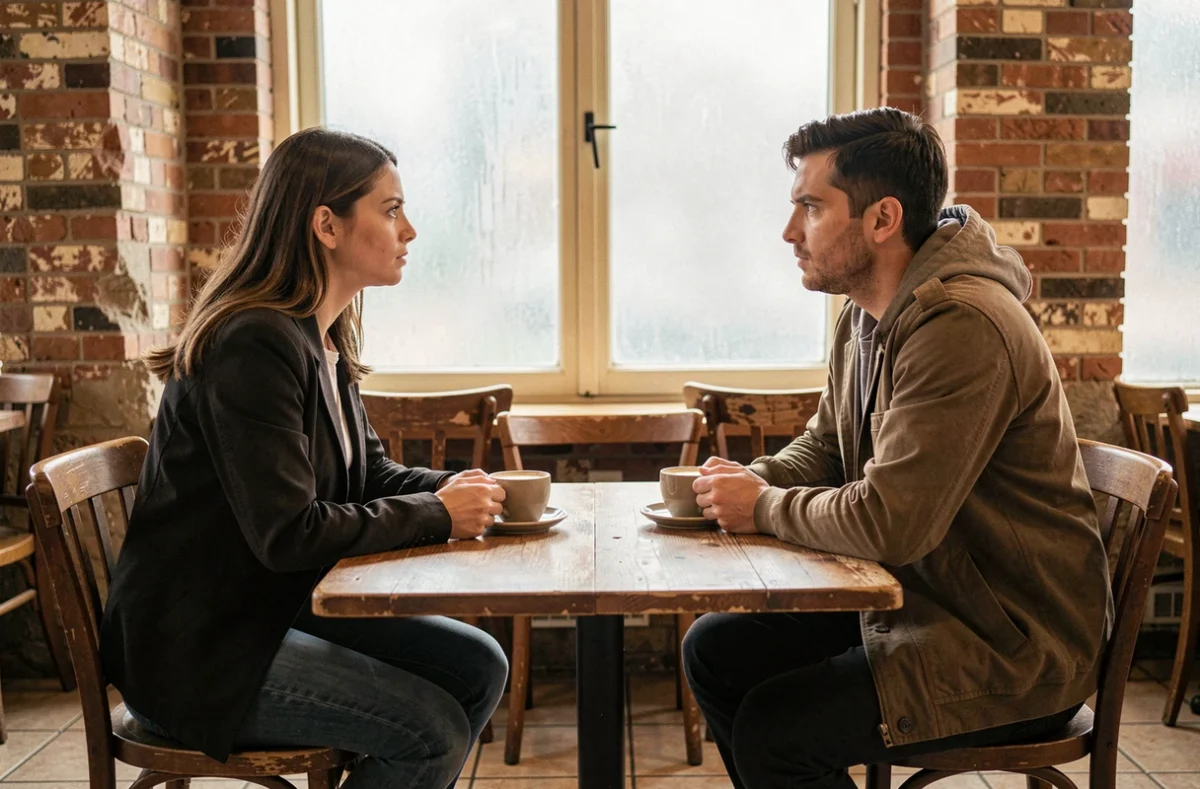 Couple silencieux dans un café se regardant dans des directions opposées, illustrant la trahison amoureuse et la rupture émotionnelle