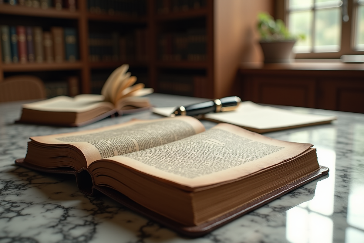 Page du Code civil ancien sur une table en marbre dans une bibliothèque élégante