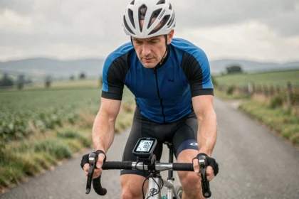 Cycliste consultant son compteur GPS affichant la conversion mph en km/h sur une route de campagne