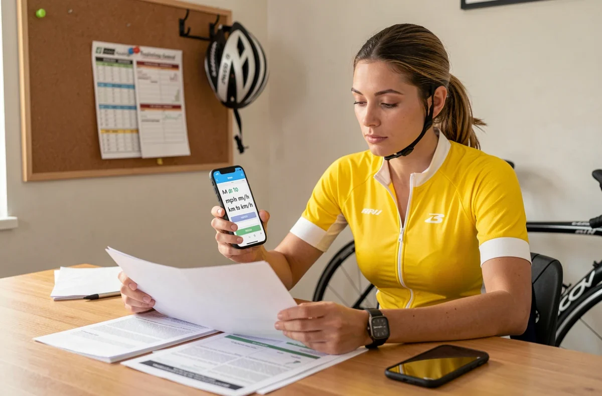 Cycliste féminine analysant un tableau de conversion mph en kilomètres par heure pour planifier son entraînement
