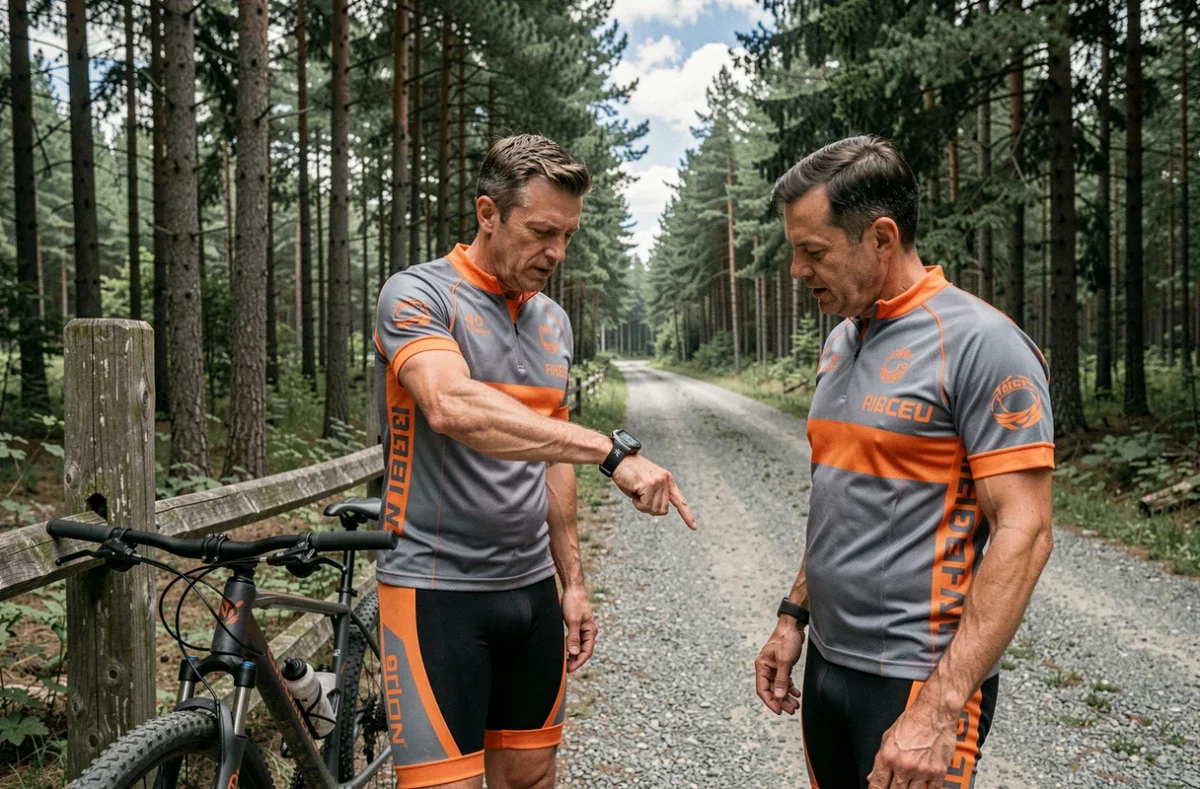 Deux cyclistes comparant les données de vitesse en mph et km/h sur une montre GPS lors d'une sortie en forêt