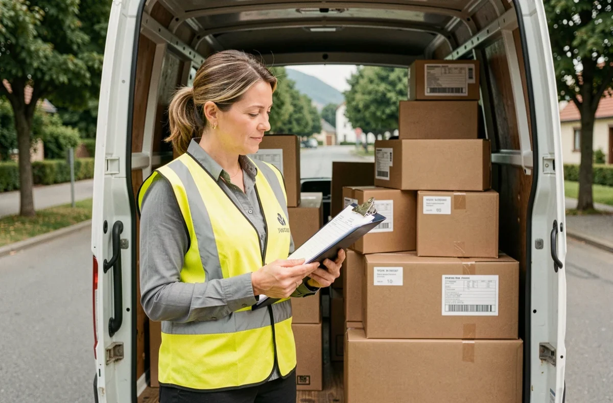 Coordinatrice des Déménagements Franchini vérifiant un inventaire dans le camion de déménagement