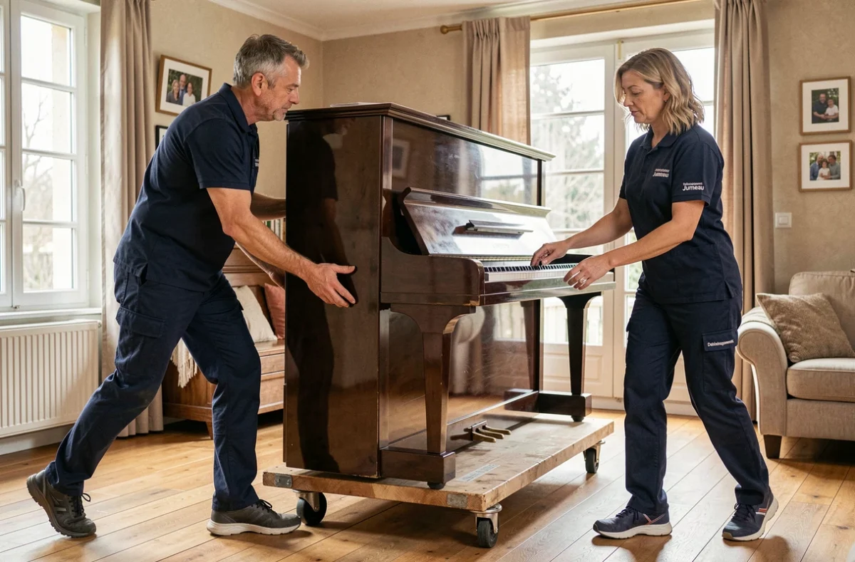 Équipe Déménagements Jumeau déplaçant un piano droit dans un salon familial avec un diable professionnel