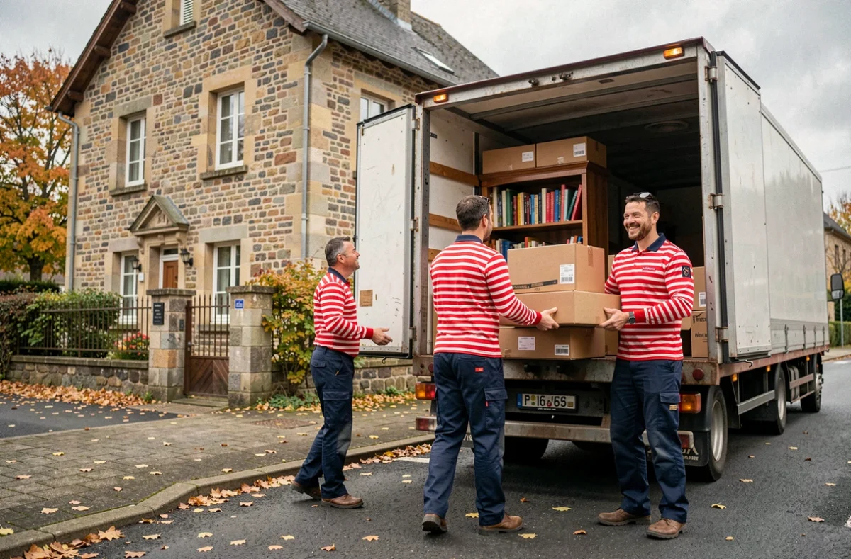 Trois déménageurs des Déménageurs Bretons déchargeant un camion devant une maison dans le Doubs