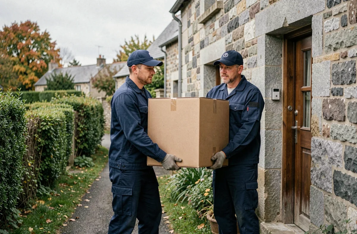 Déménageurs professionnels portant des cartons devant une maison en pierre bretonne dans les Côtes-d'Armor