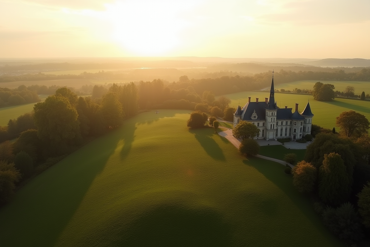 Grande demeure en campagne avec champs et foret au lever du soleil