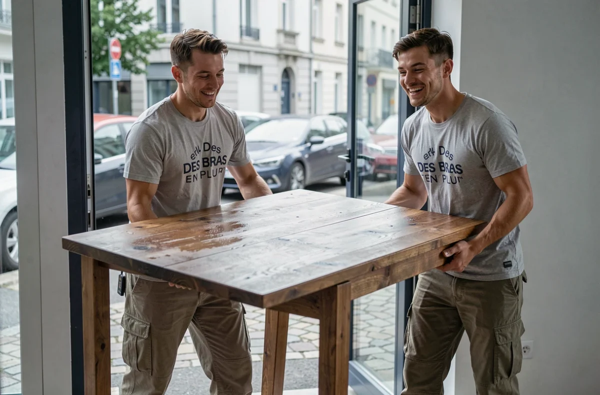 Deux déménageurs de Des Bras en Plus Besançon portant une table en bois à travers une porte d'appartement