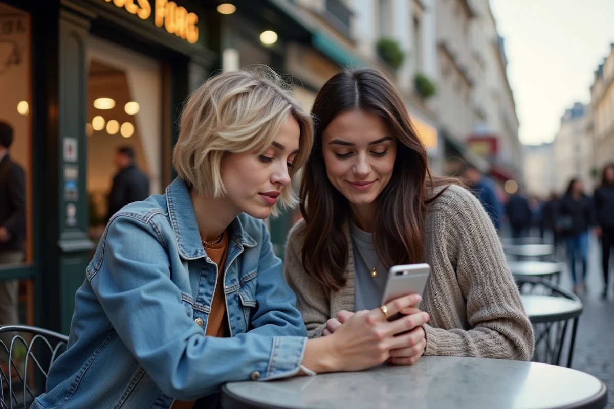 Deux femmes discutant devant un smartphone avec article web