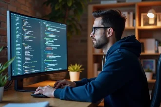 Développeur web analysant des redirections d'URL et des miroirs de site sur un écran d'ordinateur dans un bureau moderne