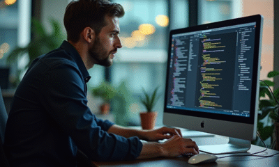 Développeur concentré écrivant du code C sur un moniteur dans un bureau lumineux