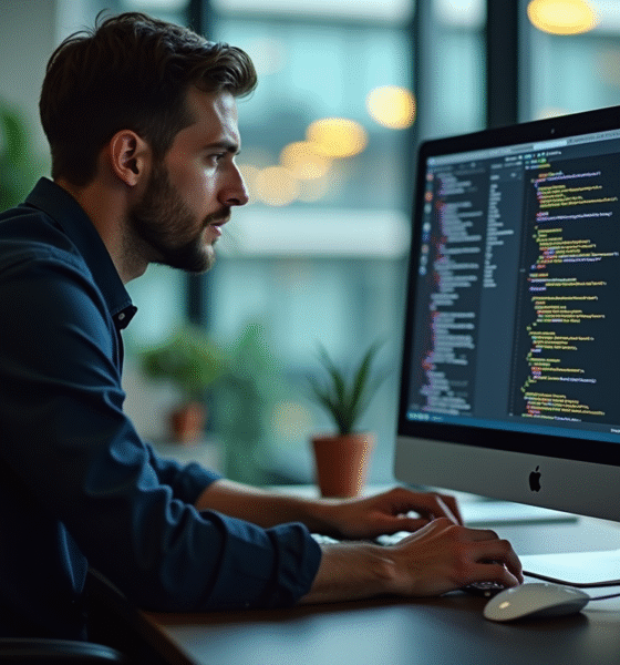 Développeur concentré écrivant du code C sur un moniteur dans un bureau lumineux