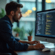Développeur concentré écrivant du code C sur un moniteur dans un bureau lumineux