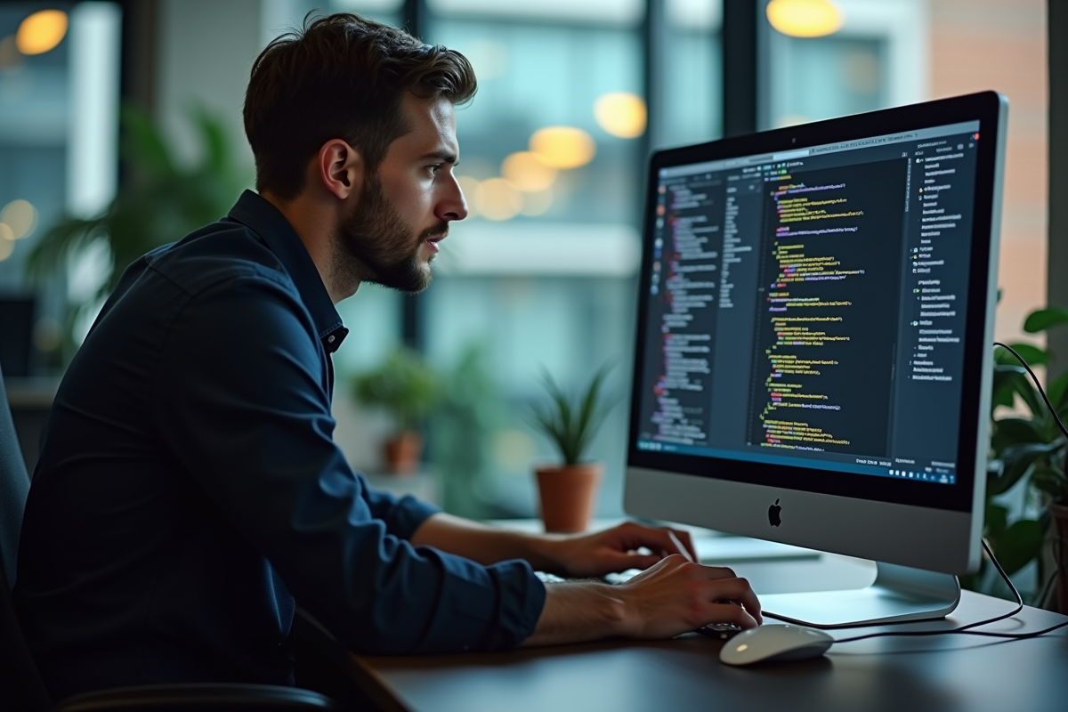 Développeur concentré écrivant du code C sur un moniteur dans un bureau lumineux