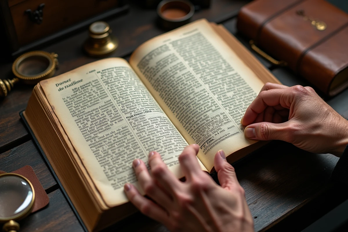 Mains d'une personne âgée feuilletant un dictionnaire Larousse antique ouvert sur le mot paradigme et son étymologie grecque
