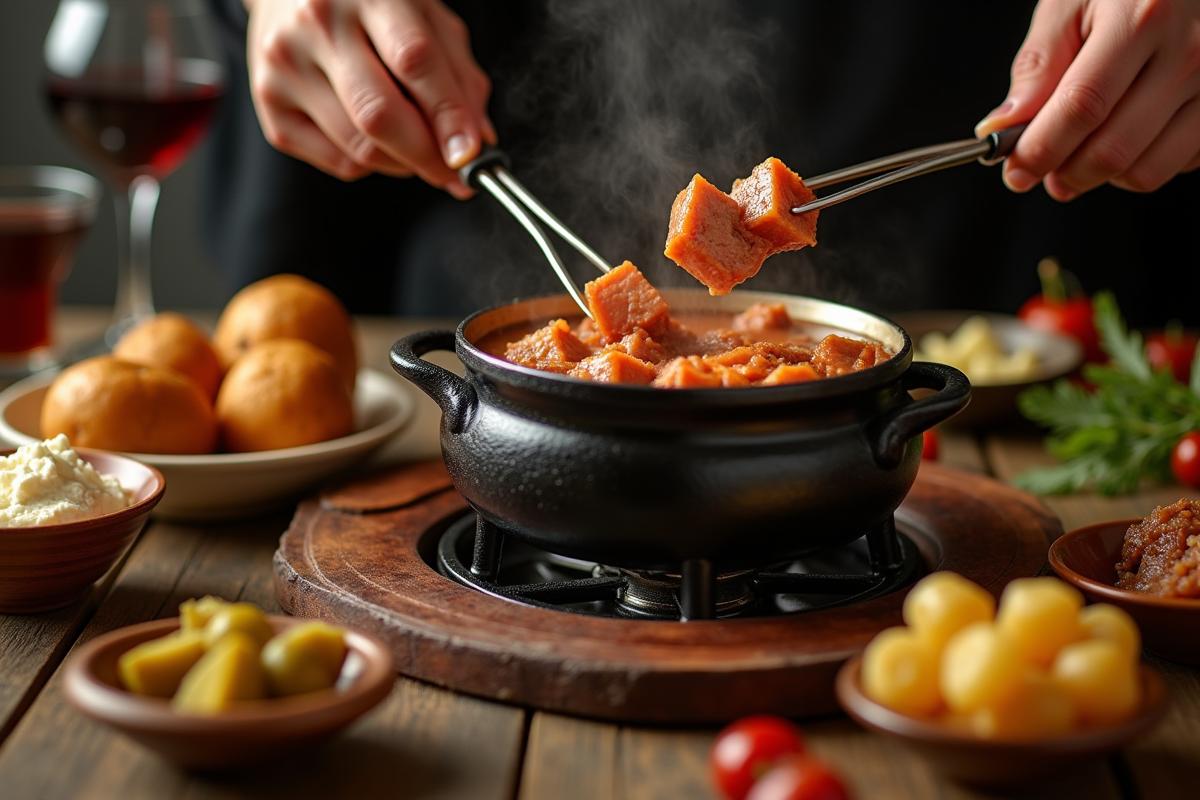 Mains trempant des morceaux de bœuf dans une fondue chaude