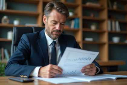 Economiste en costume analyse un graphique de courbe inversée