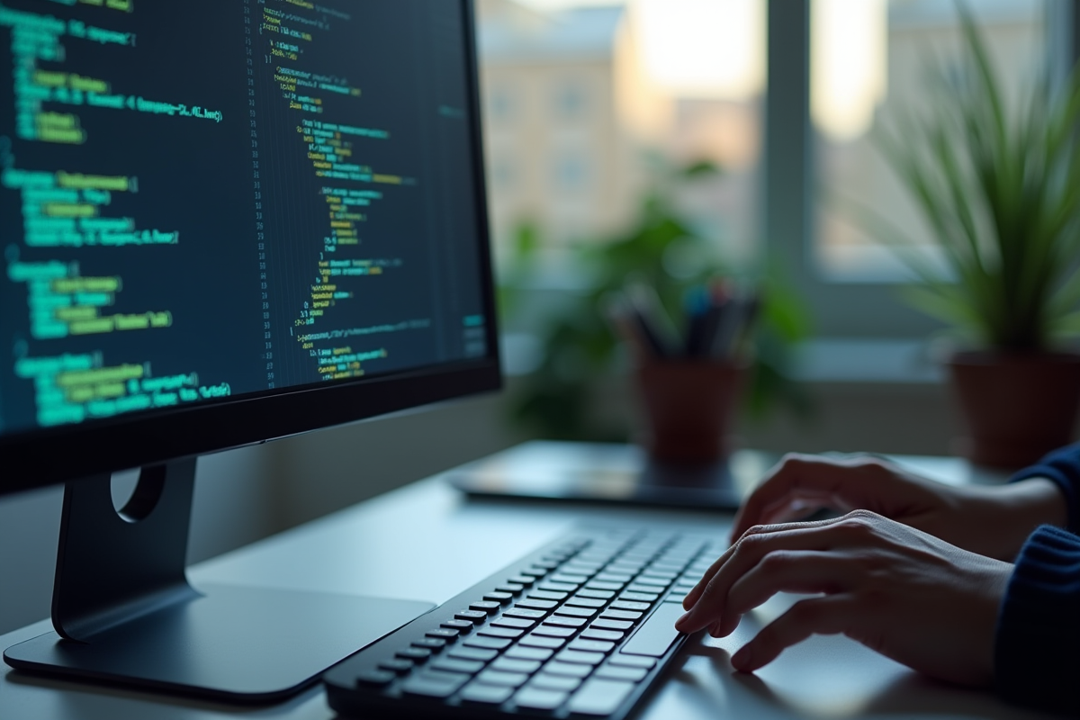 Gros plan sur un écran affichant du code C avec des mains tapant au clavier