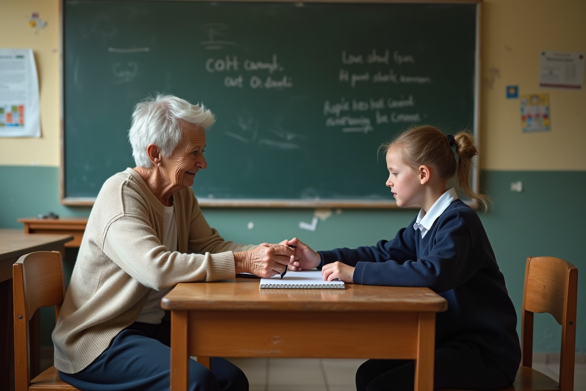 Une femme agee donne un cahier a un enfant en classe modeste