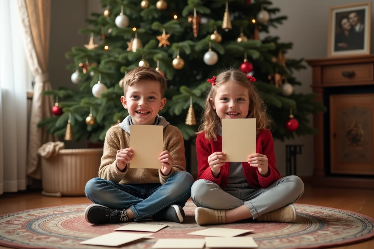 Deux enfants montrant des cartes de Noël vintage près du sapin