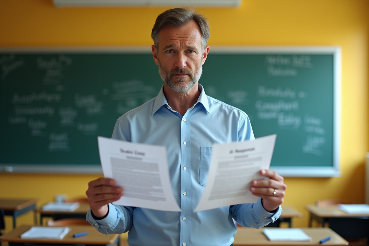 Professeur compare deux documents dans une classe scolaire
