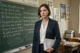 Enseignante certifiée fatiguée devant un tableau noir dans une salle de classe française, illustrant les réalités du métier de professeur