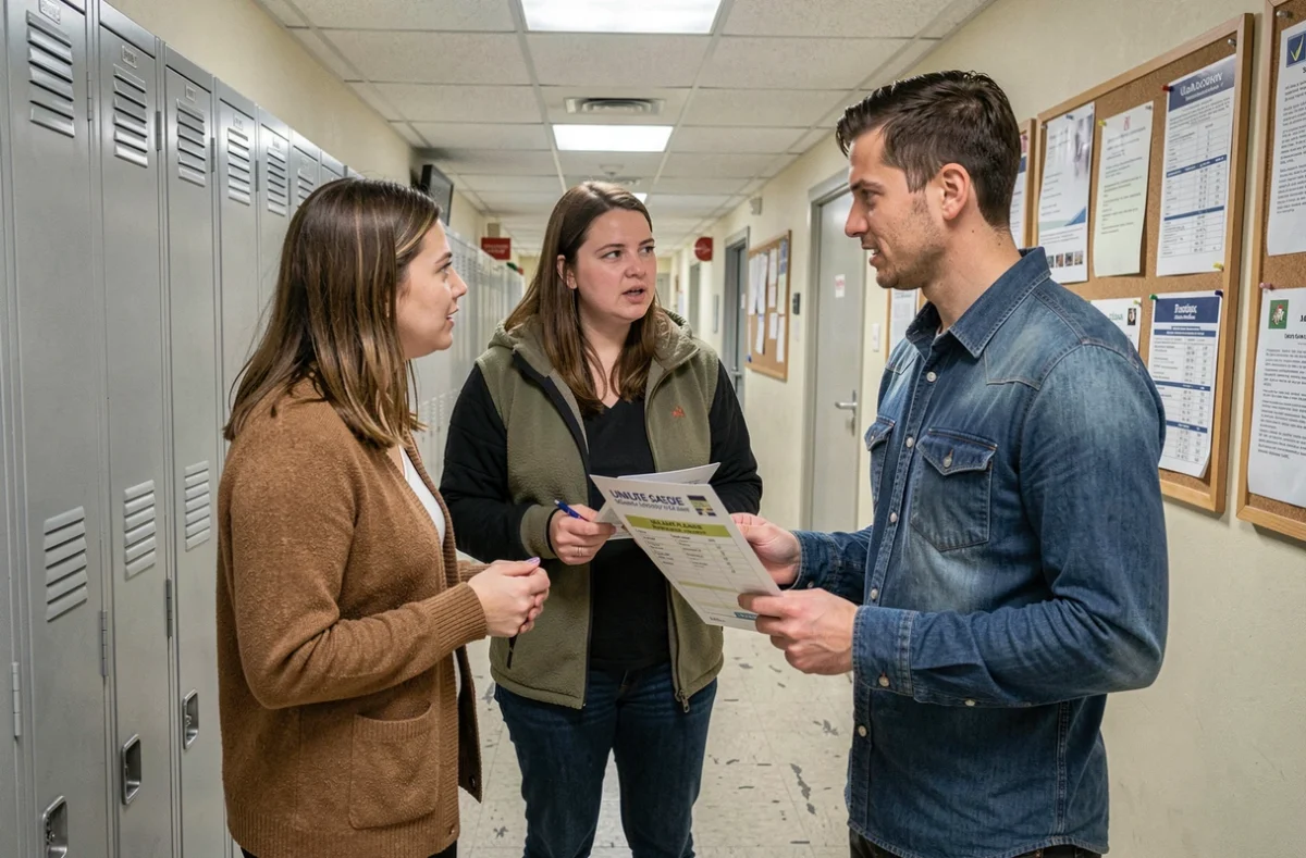 Groupe d'enseignants discutant de la grille salariale et des conditions de travail dans un couloir d'école, débat sur la profession de professeur certifié
